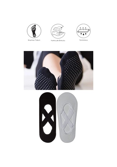 2 Adet Kadın Kaydırmaz Tabanlı Yoga Pilates Fitness Dans Ve Spor Çorabı Siyah - Beyaz