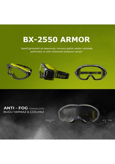 Baymax Bx-2550 Armor Antifog Şeffaf Buğu Yapmayan Toz Çapak Koruyucu Uv Korumalı Laboratuvar İşçi İş Güvenlik