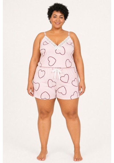 Bravie Kadın Büyük Beden İp Askılı Yakası Dantelli Kalpli Pembe Yazlık Pijama Takımı