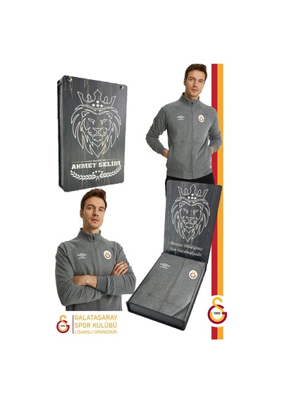 Gsstore Galatasaray Lisanslı Dik Yaka Fermuarlı Gri Sweat Kişiye Özel Hediyelik Ahşap Kutululu Gri