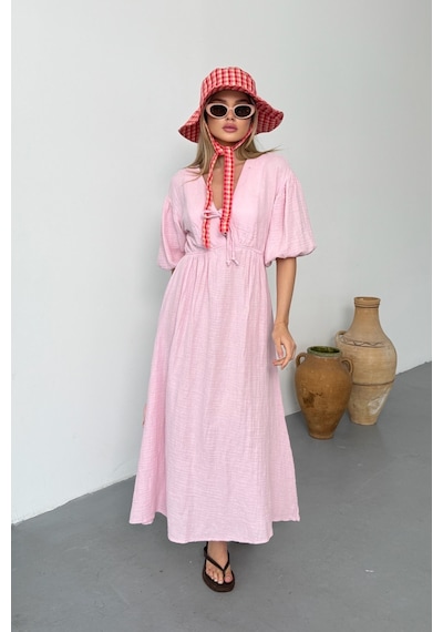 Jee Lee Kadın Bağlama Detaylı %100 Pamuklu Uzun Elbise Pembe - 26y 3008 Pembe