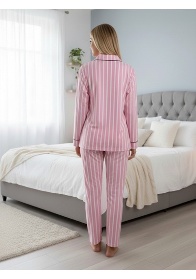 Kadın Boydan Düğmeli Çizgili 2'li Pijama Takım Pembe
