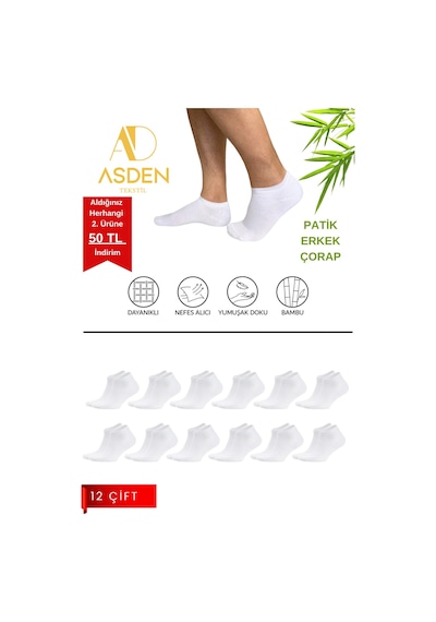 Asden Bambu Erkek Patik Çorap Beyaz 12'li, Dikişsiz, Soft Yıkamalı Çok Renkli