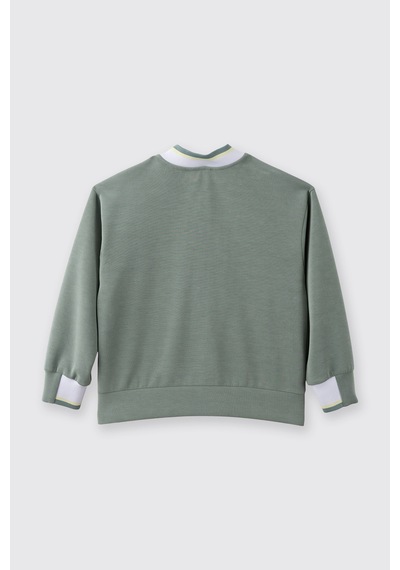 Panço Kız Çocuk Kolej Yaka Yakası Çizgili Fermuarlı Yeşil Sweatshirt