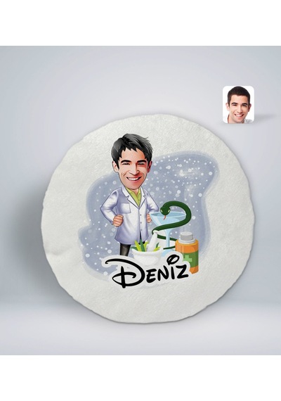 Bk Gift Kişiye Özel İsimli Erkek Eczacı Karikatürlü Yuvarlak Araç Koltuk Yastığı-2 Çok Renkli