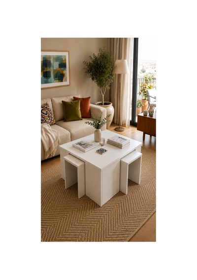 5'li Zigon Sehpa Takımı Beyaz İç İçe Geçmeli 1 Büyük + 4 Mini Modern Orta Sehpa Beyaz Beyaz