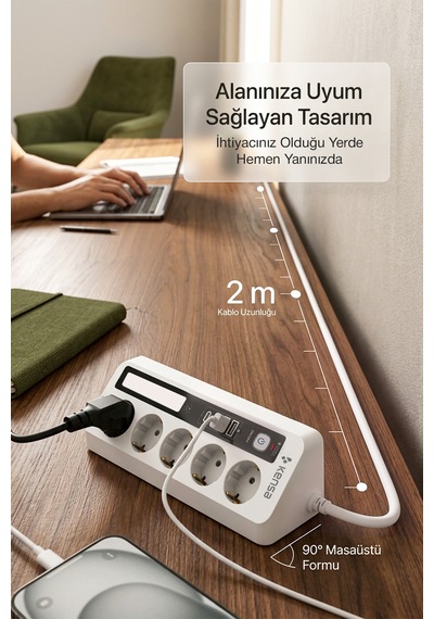 Akım Korumalı Dokunmatik Led Işıklı Priz 5'li + 2x Usb-a + 2x Usb-c 2 Metre Kablo 2 M