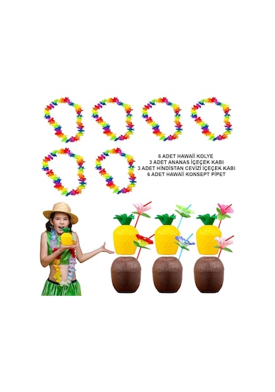 Tropikal Hawaii Parti Malzemeleri - Kolye, Pipet, Bardak Seti +3