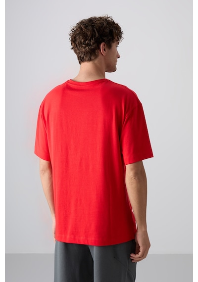 Tommy Life Fiesta Pamuklu Kalın Yumuşak Dokulu Oversize Fit Baskılı Erkek T-shirt - 88329 Kirmizi