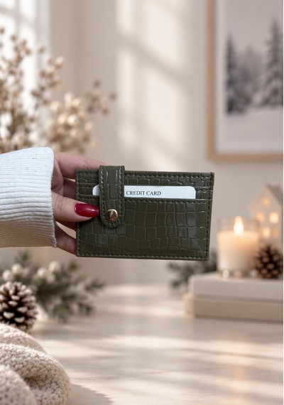 Elpida Bags Kadın Parlak Kroko Dokulu Çıtçıtlı Kartlık Açık Haki