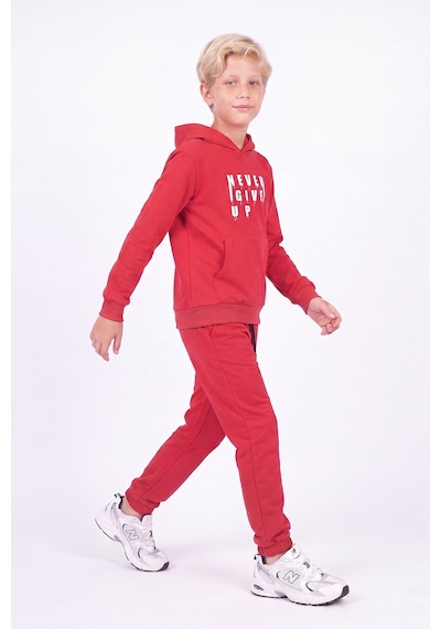 Fyk Kids Erkek Çocuk Baskılı Kanguru Cepli Kapüşonlu Eşofman Takımı Kırmızı