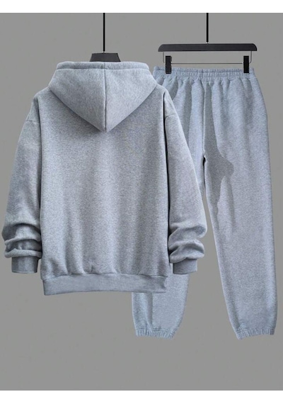 King Taç Eşofman Takımı Sweatshirt Jogger - Gri Baskılı Oversize Şardonlu Kapüşonlu Gri