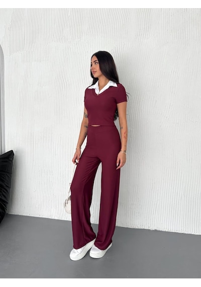 Elaxi Ottoman Kumaş Gömlek Garnili Crop-pantolon İkili Takım Bordo Elaxi Ottoman Kumaş Gömlek Garnili Crop-pantolon İkili Takım Bordo