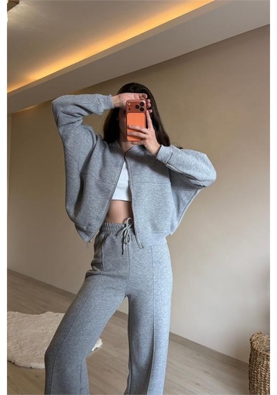 Neşeli Butik Kadın Fermuarlı Oversize Sweat Ve Yüksek Bel Eşofman Takımı Nm018 Gri Melanj