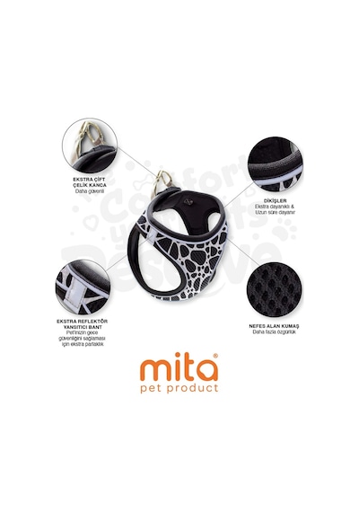 Mita Air Mesh Kedi Köpek Göğüs Tasması Çift Reflektörlü, Terletmeyen Dalmaçyalı Beyaz - Siyah
