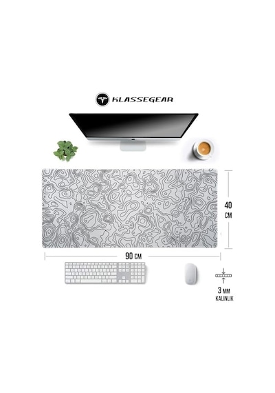 Klasse Pro - 10 Farklı Model Dikişli Kenar 90x40 Cm Oyuncu Gaming Mouse Pad White Map Lines, 90x40 Cm