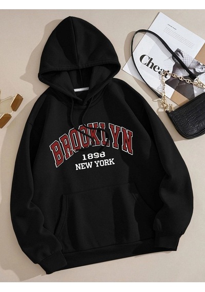Clayes Brooklyn New York Sweatshirt - Siyah Baskılı Oversize Kapüşonlu Siyah
