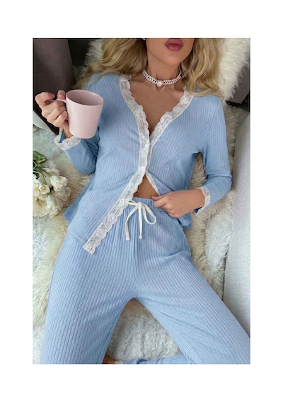 Merry See Ribanalı Dantel Detay İki Parça Pijama Takım Mavi
