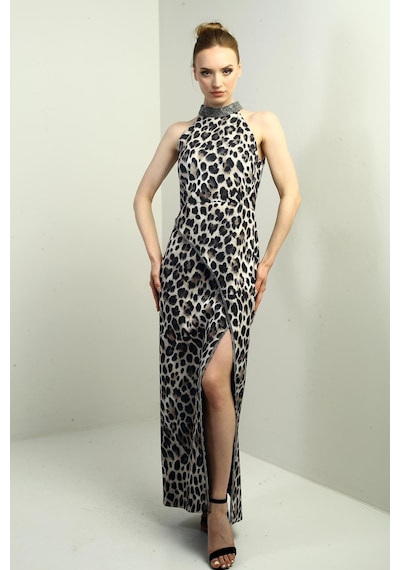 By Saygı Kadın Taş Detaylı Halter Yaka Leopar Desenli Kendinden Telalı Midi Elbise-40718 Bej