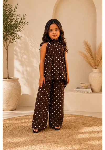 Lilymoon Kolsuz Halter Puantiyeli Kız Çocuk Takım Kahverengi