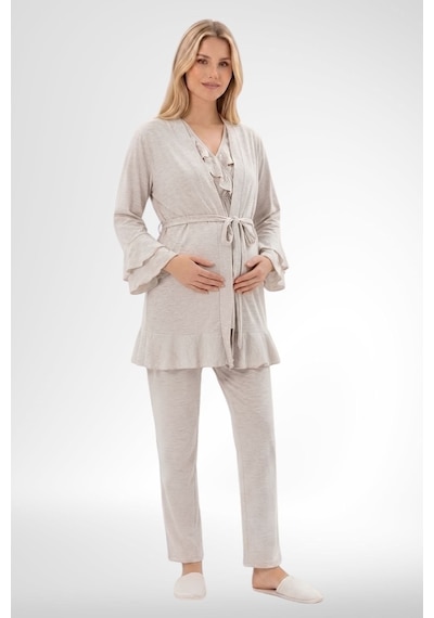 Mecit Pijama Mecit 6403 Sabahlıklı Lohusa Pijama Takımı Vizon