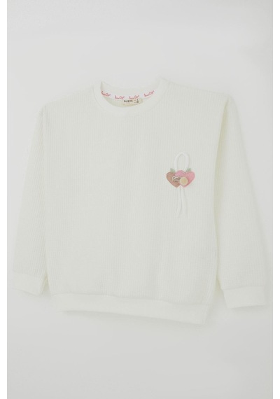 Breeze Kız Çocuk Sweatshirt Waffle Dokulu Kalpli Ponponlu Arma Detaylı 5-9 Yaş, Ekru Ekru