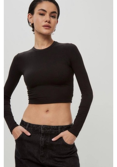 Seeh Siyah Bisiklet Yaka Uzun Kollu Kadın Top Body Sh216