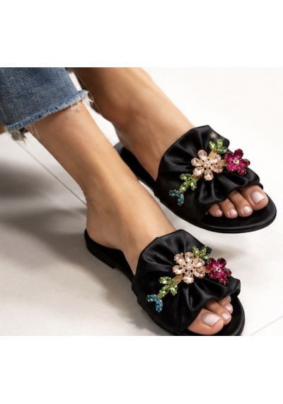 N Napa Shoe Np.8777.siyah Abiye Taşlı Kadın Taş İşlemeli Saten Fiyonklu Terlik Siyah Günlük & Özel Davet Şıklığı