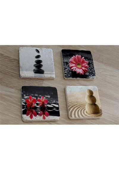 Spa Taşları Ve Kırmızı Gerbera Çiçeği Doğal Taş Bardak Altlığı 4'lü Set - Natural Stone Coasters - Taş Çok Renkli
