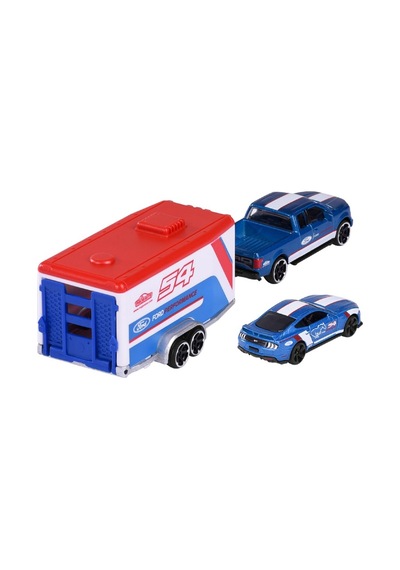 Majorette Race Trailer Ford F-150 Raptor + Mustang Gt