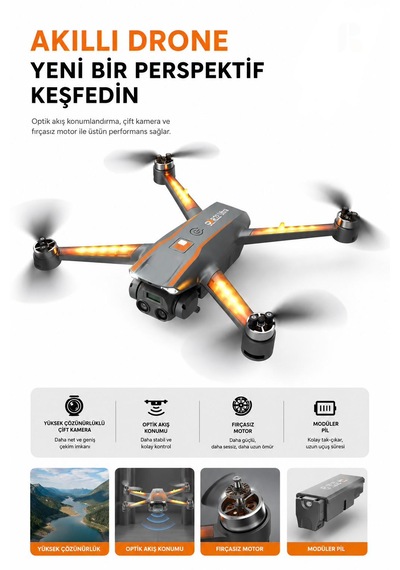 R22 Ultra Drone Katlanabilir Dron 1080p Hd Kamera Fırçasız Motor Renkli Led Işıklı Soğutucu Aydınlatma Optik Akış Koruma Titreşim Önleme Çift Elektirkli Kamera