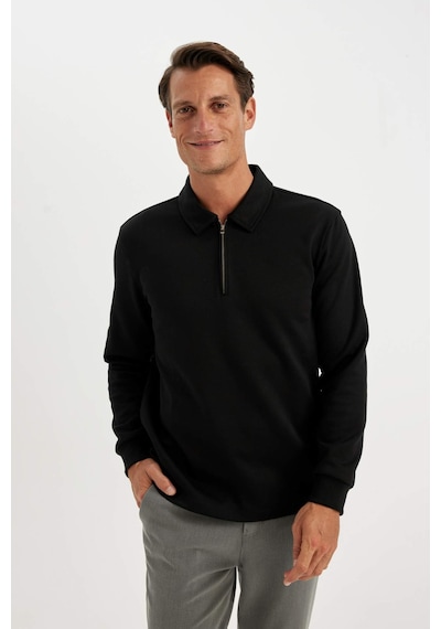 Defacto Regular Fit Polo Yaka Yarım Fermuarlı Basic Düz Sweatshirt D2279ax24aubk81 Siyah