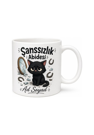 Şanssız Arkadaşa Kara Kedi Gezdi Şanssızlık Abidesi Esprili Kupa Bardak Hediye Beyaz / Çok Renkli