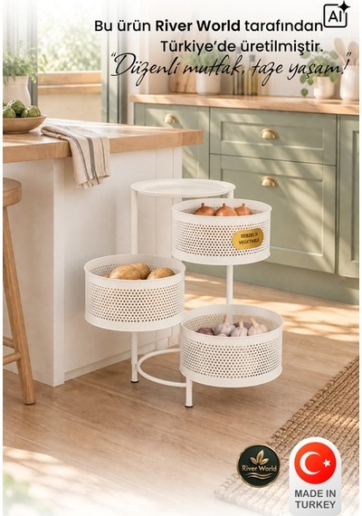 River World Tekerleksiz Rengi Krem Açılabilen 3 Katlı Çok Amaçlı Metal Raf Mutfak, Balkon, Kiler Çok Renkli