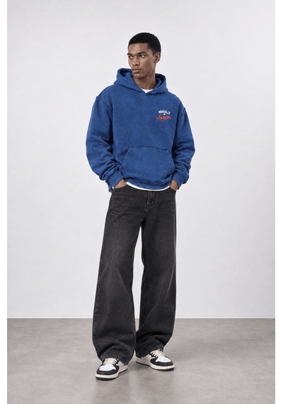 Respire Erkek Pis Dikiş Detaylı Yıkamalı Oversize Hoodie Lacivert