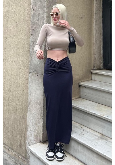 Madmext Lacivert Önden Büzgülü Midi Etek Mg2084-lacivert Lacivert