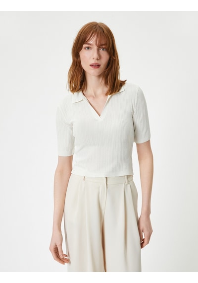 Koton Polo Yaka Kazak Triko Crop Kısa Kollu Ekru 4sak90144ht Ekru