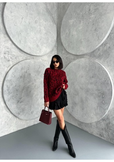 Leopar Desenli Oversize Kazak-477 Bordo