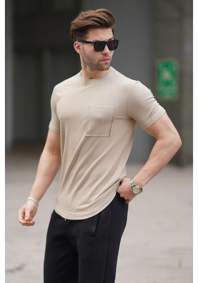 Madmext Bej Basic Triko Tişört Bej