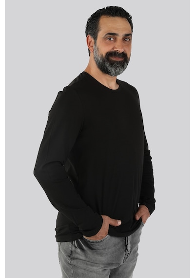 Erkek Bisiklet Yaka Uzun Kollu Tişört Siyah
