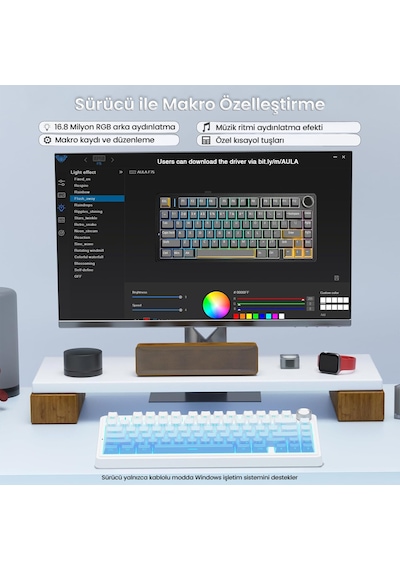 Aula F75 Mekanik Rgb Tkl Seiya Switch Kablosuz Makrolu Hot Swap Klavye Gradyan Mavi