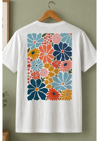 Spoyi Colorful Daisy Tasarımlı %100 Pamuk Yarım Oversize Beyaz T-shirt