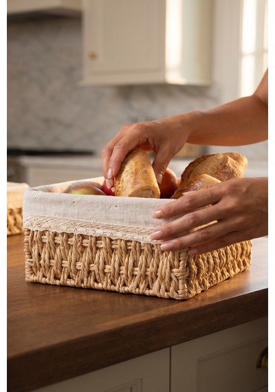 3 Lü Bambu Ekmek Sepeti Seti, 26x20x12 Cm, Metal Çerçeveli Dantelli Çiçek Desenli Kumaşlı Organizer Kahverengi