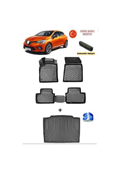 Renaut Clio 5 2019-2025 Yılları Arası Uyumlu 3d Havuzlu Paspas Ve Bagaj Havuzu Seti Asma Koku Ve Numaratör tör