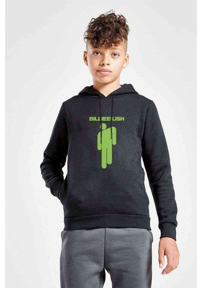 Tshirthane Billie Eilish Baskılı Unisex Çocuk Kapüşonlu Siyah Sweatshirt