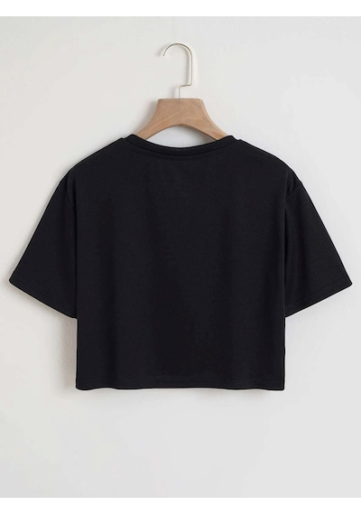 Bear Minimal Kalpler Baskılı Kadın Crop Siyah T-shirt Siyah2-280912