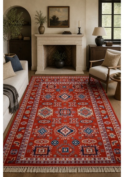Vesta Kırmızı Oturma Odası Salon Anadolu Kilim Motifli Kaymaz Taban Robot Süpürge Uyumlu Kolay Temizlenebilir Hali