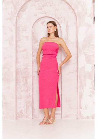 Darlin Moda Kadın Bodycon Straplez Bürümcük Midi Elbise Açık Pembe