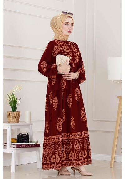 Sevitli Yarım Düğmeli Robalı Amine Elbise-bordo-4942