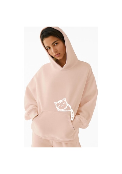Benroma 3 İplik Penye Kedi Baskılı Ünisex Kapüşonlu Sweat Pembe